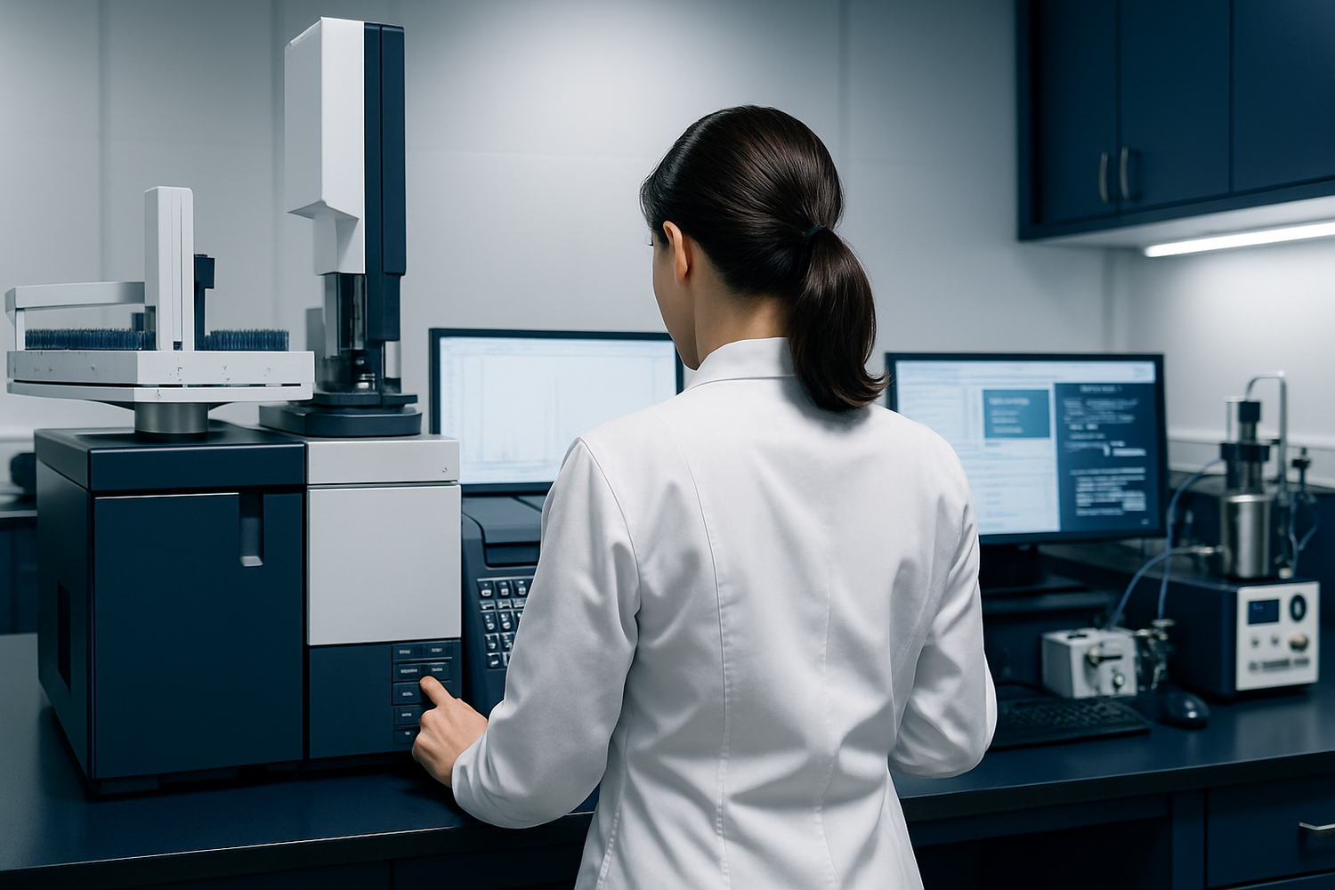Scene from a gas analysis lab. A female lab technician is seen from the back. The photo looks realistic. Dark blue and white colors are dominant in the image.