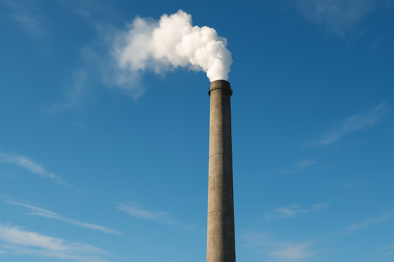 power plant smoke stack in front of a blue sky.  Make the image look realistic, on a sunny day.